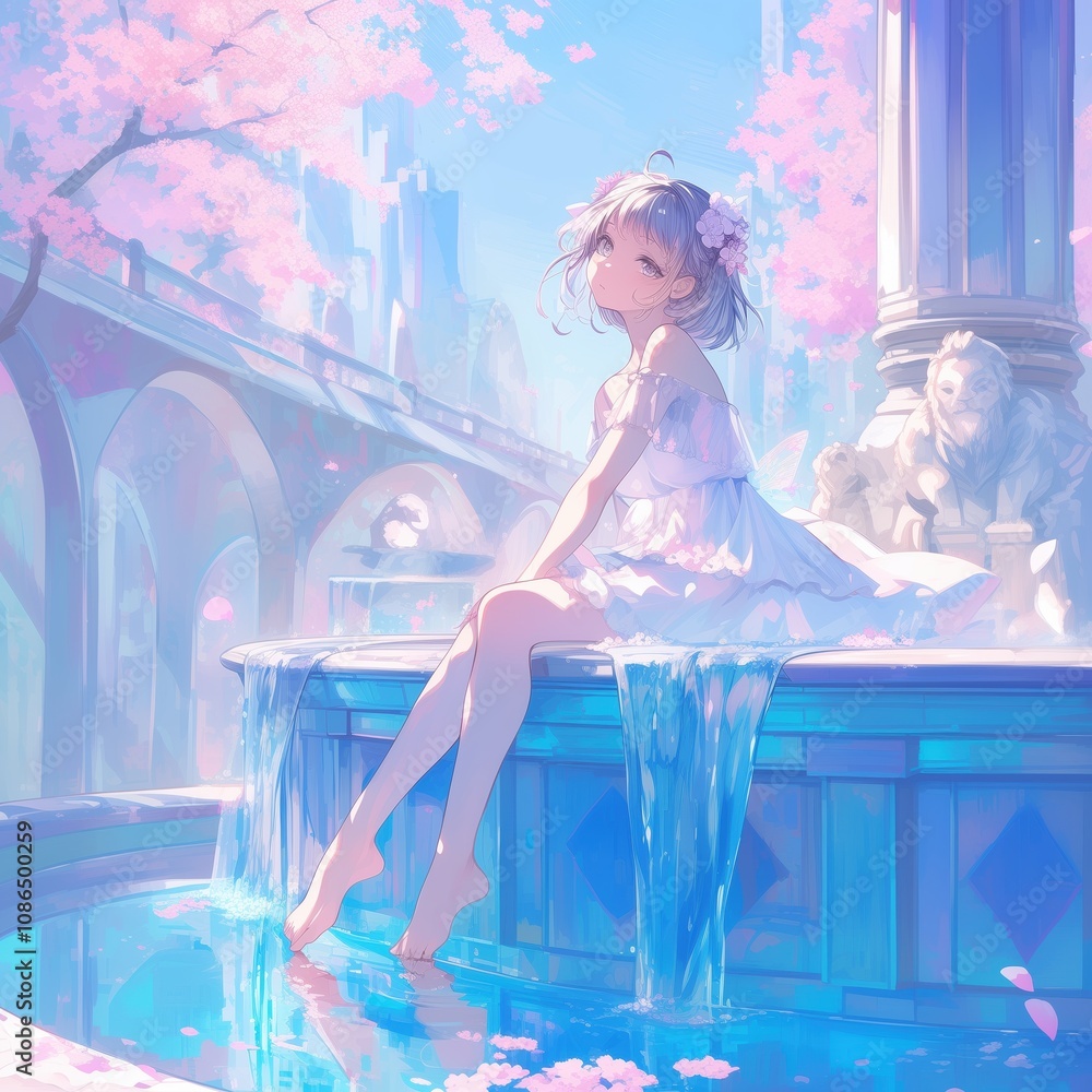 anime girl sitting on the edge of a fountain her bare feet dipping into ...