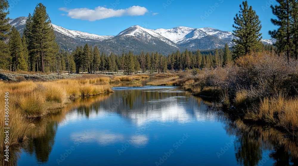 tranquil river reflects snow capped mountains and lush greenery tranquil river reflects snow capped mountains and lush greenery