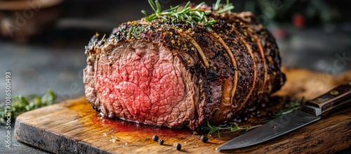 Large piece cooked beef wooden cutting board appears Grass-fed prime rib roast