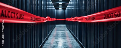 A dimly lit corridor lined with containers, featuring bold red tape marking an area as restricted or dangerous. photo