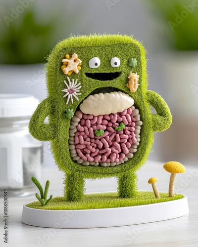 Cute Gut Microbiome Creature Green Grass Happy Healthy Intestines 3D Render Microflora Bacteria