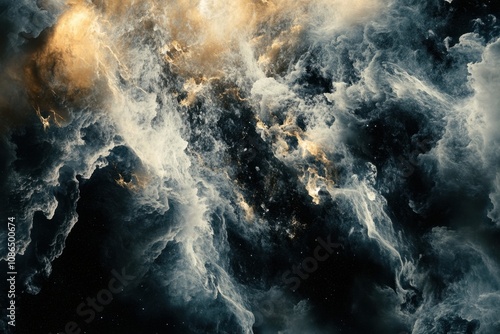 Abstract cosmic clouds swirling in a dark nebula.