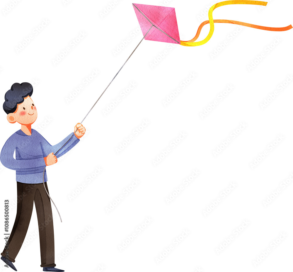 Hand-drawn man flying kite Watercolor Hand-drawn man flying kite Watercolor