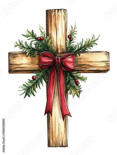 Wooden Cross with Festive Red Bow, Illustration of a wooden cross adorned with evergreen branches, red berries, and a vibrant red bow, symbolizing Christmas.


