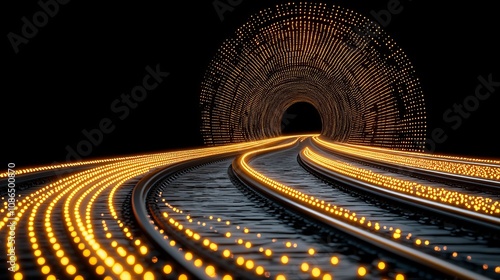Illuminated Railroad Tracks Leading to a Luminous Tunnel Abstract Technology Background