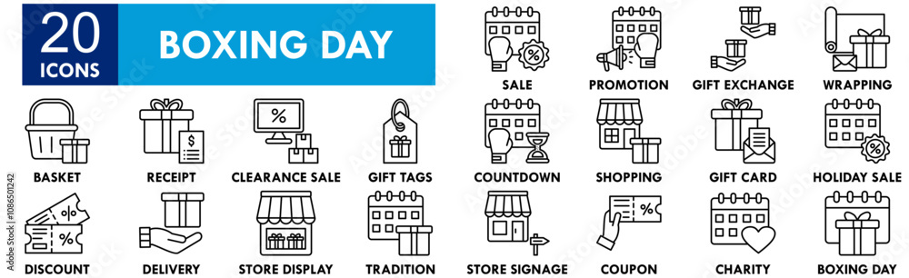 Boxing Day icon collection set. Containing design box, gift, present, background, boxing day, holiday Boxing Day icon collection set. Containing design box, gift, present, background, boxing day, holiday