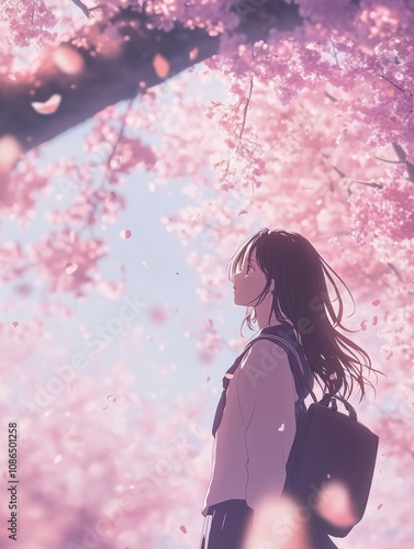 制服を着たアニメの女の子、舞い落ちる桜の花、穏やかで夢幻的な雰囲気