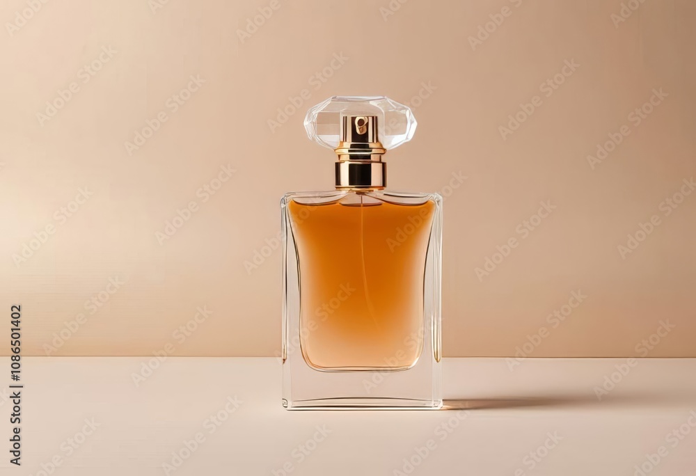 A bottle of transparent perfume on a beige background A bottle of transparent perfume on a beige background