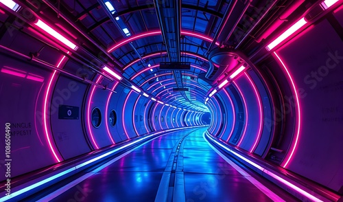 Neon Lights Illuminate a Futuristic Tunnel. AI Generated