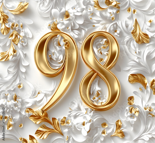 golden number 98 with intricate white and gold floral patterns, perfect for luxury designs, milestone celebrations, and artistic  with a touch of sophistication photo