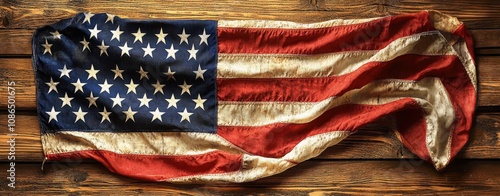 Vintage Waving American Flag Draped Over Rustic Wooden Surface with Visible Texture and Natural Imperfections Highlighted in Warm Lighting