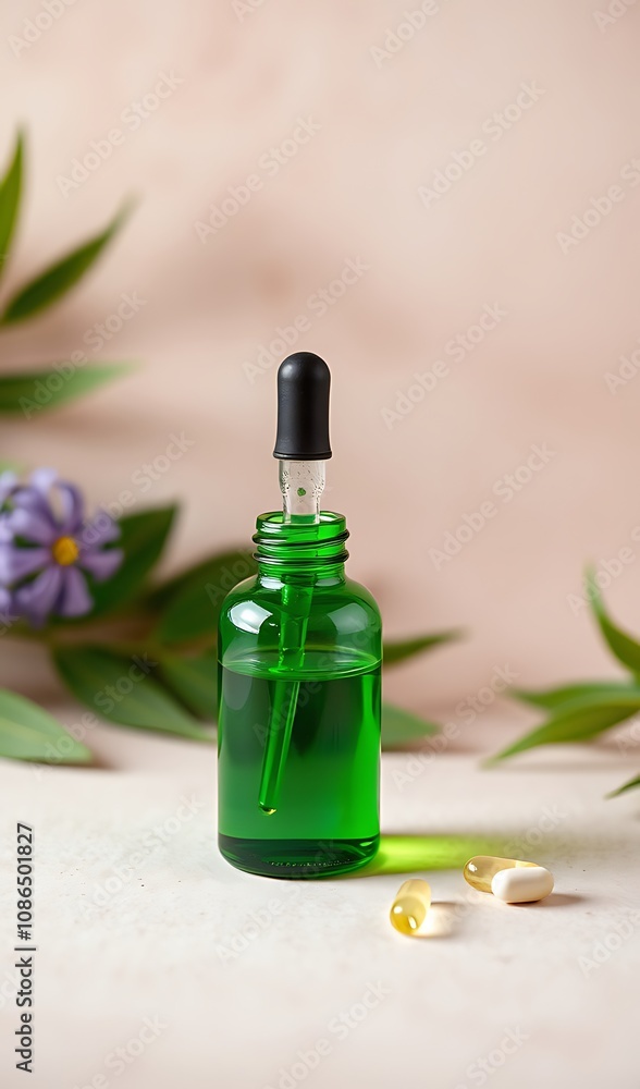 Green Glass Dropper Bottle with Natural Ingredients on a Light Background. AI Generated Green Glass Dropper Bottle with Natural Ingredients on a Light Background. AI Generated