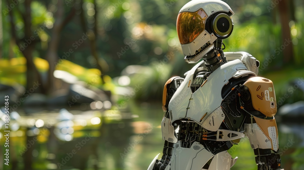 An advanced humanoid robot with a mechanical skeleton and electronic components stands against a lake in a green forest. An advanced humanoid robot with a mechanical skeleton and electronic components stands against a lake in a green forest.