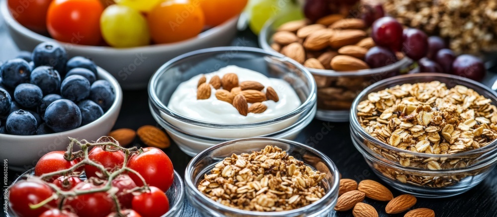 Variety fresh fruits nuts arranged dark wooden table Assorted high protein health Variety fresh fruits nuts arranged dark wooden table Assorted high protein health