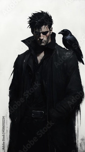 man shrouded in darkness stands with a raven perched upon his shoulder  white background