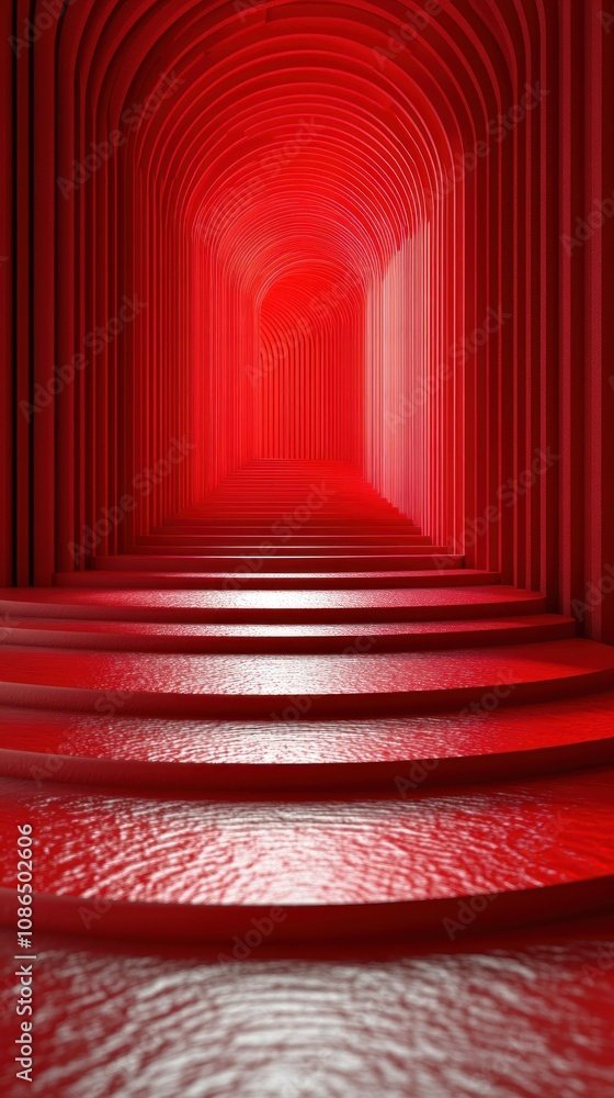 A surreal red-hued corridor with steps leading into the distance. A surreal red-hued corridor with steps leading into the distance.