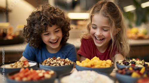 Happy children choosing toppings for their breakfast bowls