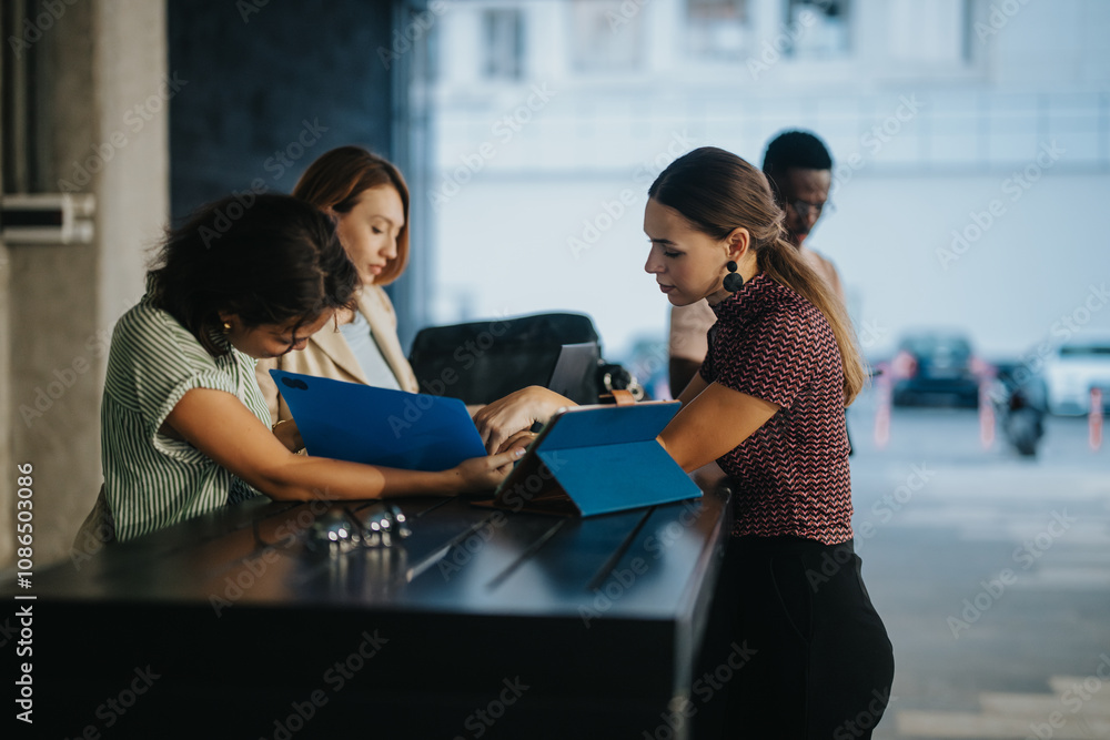 © qunica.com - A diverse group of business people engaged in collaboration, reviewing documents in a modern urban environment. Professional attire reflects a serious and focused business atmosphere. © qunica.com - A diverse group of business people engaged in collaboration, reviewing documents in a modern urban environment. Professional attire reflects a serious and focused business atmosphere.