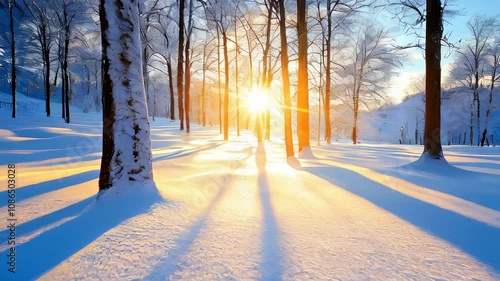 Golden sunlight streams through a snowy forest, casting long shadows across the pristine snow, creating a serene winter wonderland.