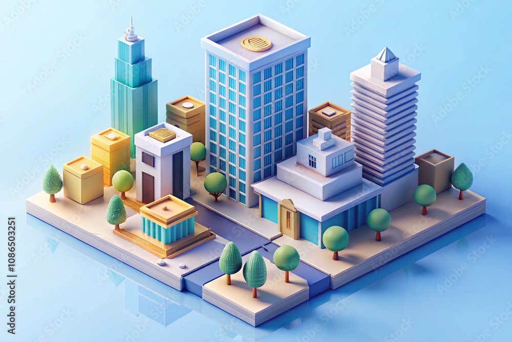 a vibrant 3D rendering of a low-poly finance office set in a futuristic cityscape. a vibrant 3D rendering of a low-poly finance office set in a futuristic cityscape.