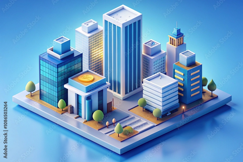 a vibrant 3D rendering of a low-poly finance office set in a futuristic cityscape. a vibrant 3D rendering of a low-poly finance office set in a futuristic cityscape.