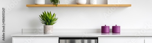 A modern kitchen interior featuring a sleek countertop, decorative plants, and stylish containers, creating a fresh and inviting atmosphere.