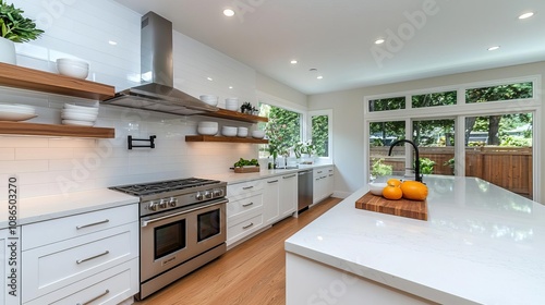 A modern kitchen with sleek cabinetry, stainless steel appliances, and ample natural light, perfect for culinary adventures and gatherings.