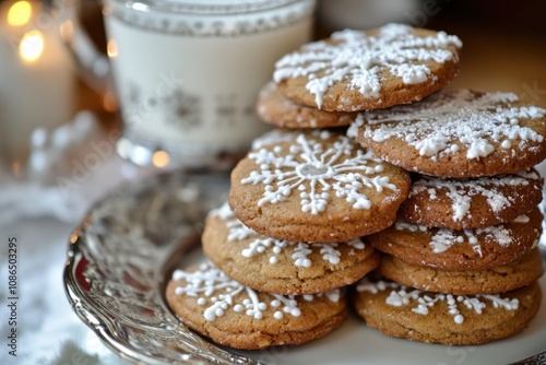 Stack of freshly baked snowflake cookies on a silver plate with a cup of milk in the background.