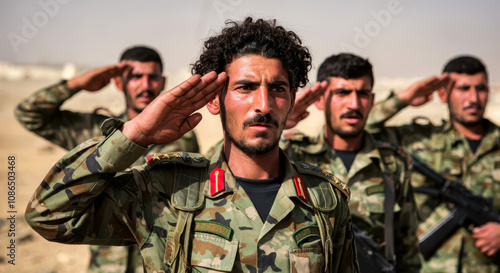 Yemeni soldiers giving salute during ceremony military, glory and honor, dignified military uniform