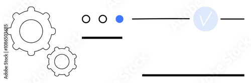Two gears, three dots, check mark in circle, and lines representing connection and flow. Ideal for workflow, system processes, teamwork, efficiency project planning productivity. Line metaphor