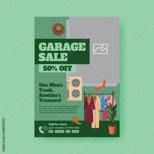 Modern Garage sale and Yard sale print flyer or poster template with hand drawn vintage furniture, interior elements illustration background, Garage sale leaflet, brochure cover concept illustration