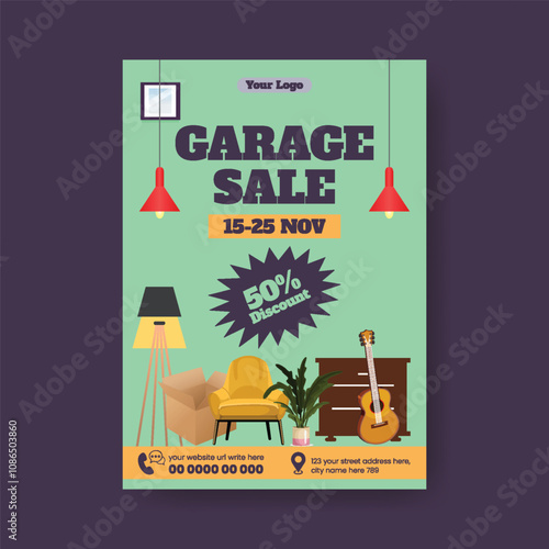 Promotional a4 print flyer or poster template for garage sale poster , yard sale poster, flea market flyer design with hand drawn vintage furniture, interior elements illustration  background