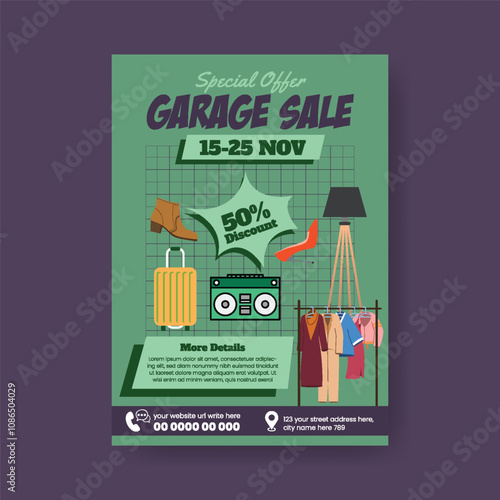 Promotional a4 print flyer or poster template for garage sale poster , yard sale poster, flea market flyer design with hand drawn vintage furniture, interior elements illustration  background