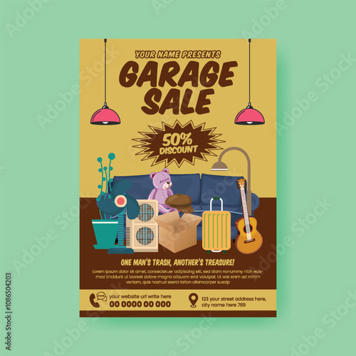 Modern editable Garage sale print flyer or poster template, Yard sale poster or leaflet, Flea market sale flyer, clothes, furniture, living room accessories vector illustration background design