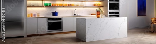 Modern luxury kitchen with sleek built-in appliances, open shelves styled with colorful glassware, a marble island, warm wooden floors, bright yet balanced lighting