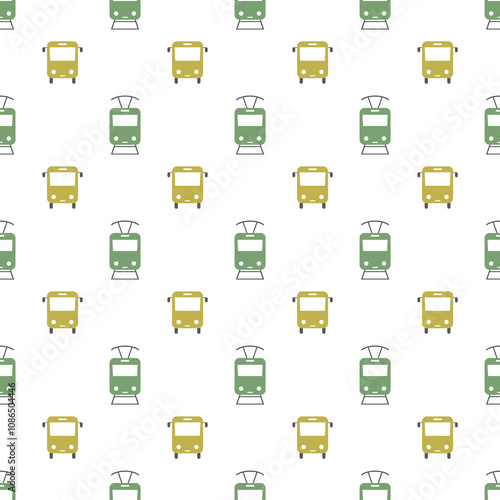 Seamless pattern with city public transport icons. Texture with colorful subway and bus pictograms isolated on white background. Wallpaper template.