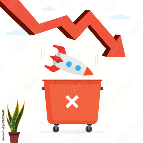 Unsuccessful startup launch, rocket falls into large trash bin. Crisis or recession hinders the development of new projects. Failure of a new startup.