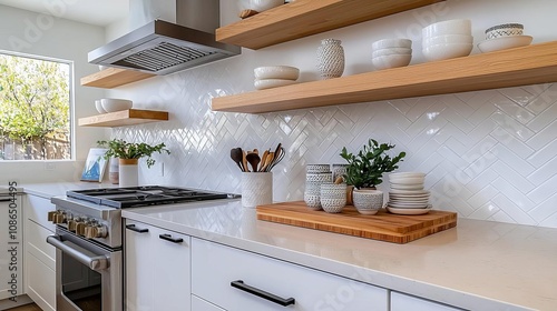 Sleek appliances in a modern kitchen with quartz countertops, open wooden shelves displaying ceramics, bright natural light, minimalistic style, clean and inviting aesthetic