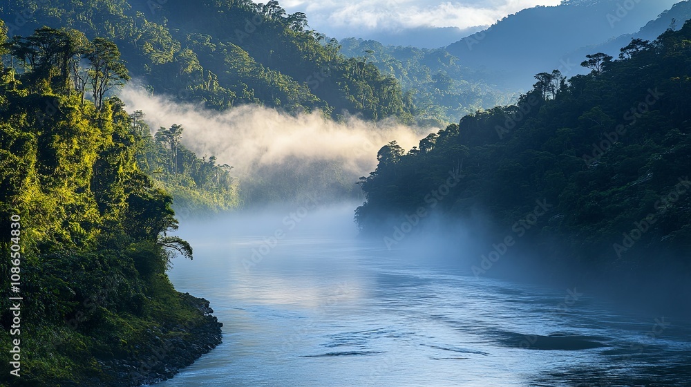 Fototapeta premium Majestic river flowing through dense forest with misty hills