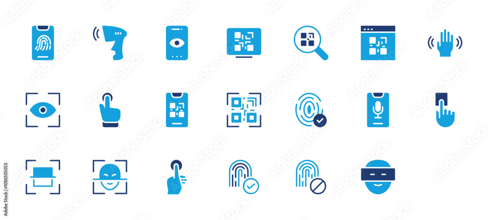 Biometric Authentication and QR Code blue icon. Fingerprint Identification, Search, Scanning Device, Thumb Fingerprint, Code Scanning, Hand Gesture, Eye Scan, Fingerprint Scanning illustration. Biometric Authentication and QR Code blue icon. Fingerprint Identification, Search, Scanning Device, Thumb Fingerprint, Code Scanning, Hand Gesture, Eye Scan, Fingerprint Scanning illustration.
