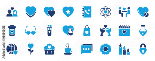 Chemistry of Love set of blue icon. Heart Box, Couple, Contact Book, Love, Heart Glasses, Time, Star, Romantic Dinner, Coffee Cup, Test Tube, Shopping Bag, Drinks, Calendar, Love vector illustration.