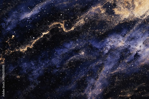 Abstract starry night sky with nebulae and galaxies in blue and gold hues.