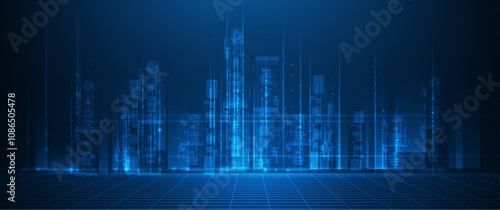 Vector illustration architecture, cityscape with cyber space, neon light. Modern hi-tech, science, data - datum futuristic technology concept. Abstract digital city, innovation design for background