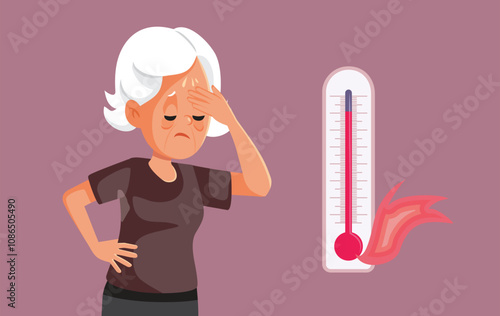 Elderly Woman Suffering from Extreme Heat and Age Vector Illustration. Senior lady having Hot flushes from aging and climate change
