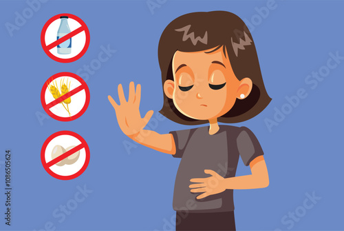Unwell Girl Suffering from Food Intolerance Vector Illustration. Child having symptom of food allergy reaction like bellyache 

