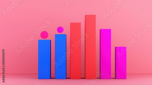 Free Download Business sales and algorithm concept. A vibrant digital illustration of colorful bar graphs in blue, red, and pink against a pink background, representing data visualization and analytics. - GFXLoad