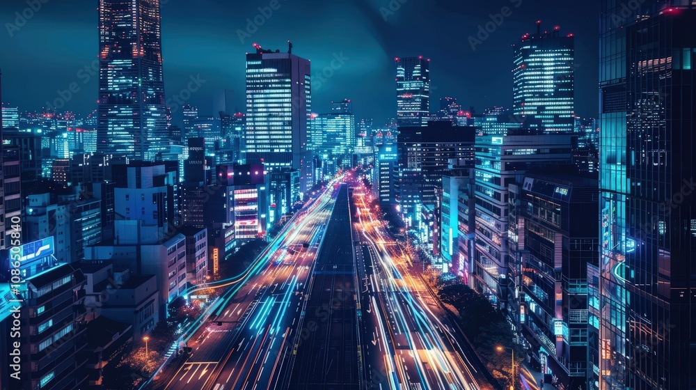 Obraz premium Night cityscape with vibrant lights and urban skyline