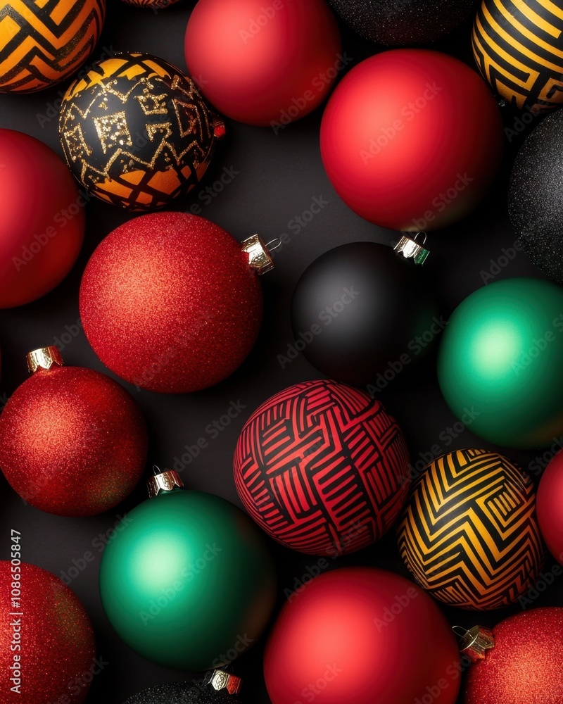 Red, black, and green Kwanzaa decoration concept. A festive assortment of colorful Christmas ornaments featuring red, green, black, and gold designs, perfect for holiday decorations Red, black, and green Kwanzaa decoration concept. A festive assortment of colorful Christmas ornaments featuring red, green, black, and gold designs, perfect for holiday decorations