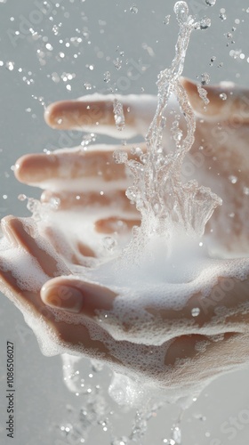  a stylized close-up of water droplets splashing onto foamy hands, creating a sparkling effect, celebrating National Handwashing Awareness Week, 