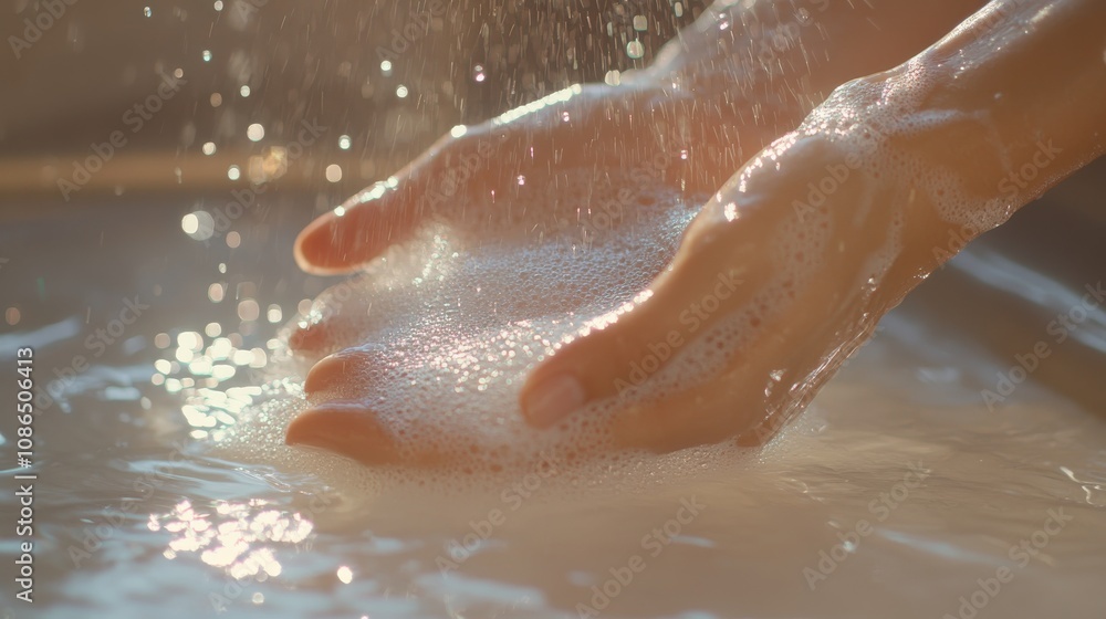 An empty scene featuring blank mockup template filled with a close-up of foamy hands under running water, sparkling bubbles reflecting sunlight, celebrating National Handwashing Awareness Week, An empty scene featuring blank mockup template filled with a close-up of foamy hands under running water, sparkling bubbles reflecting sunlight, celebrating National Handwashing Awareness Week,